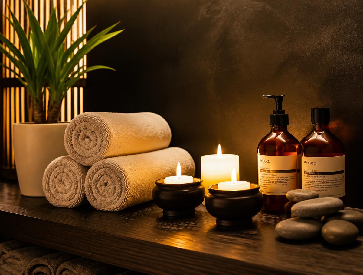 Toallas, velas, aceites y piedras del estudio